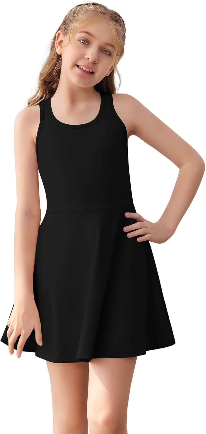 Haloumoning Girls Sleeveless Tennis Dress Kids Racerback Golf Dress School Sports Dresses Outfit with Shorts Pockets