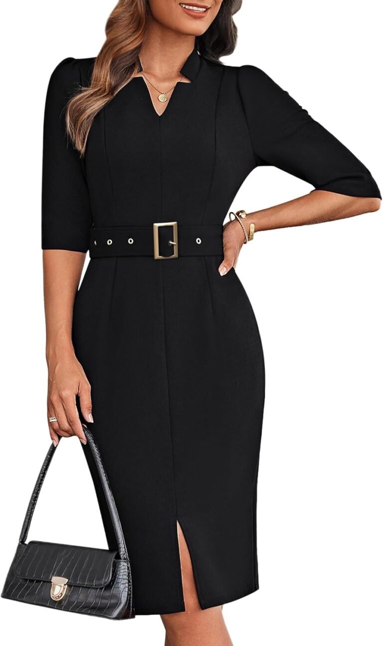 GRACE KARIN Women’s Work Dress 3/4 Sleeve V Neck Bodycon Sheath Dress Zipper Up Office Business Dresses with Belt