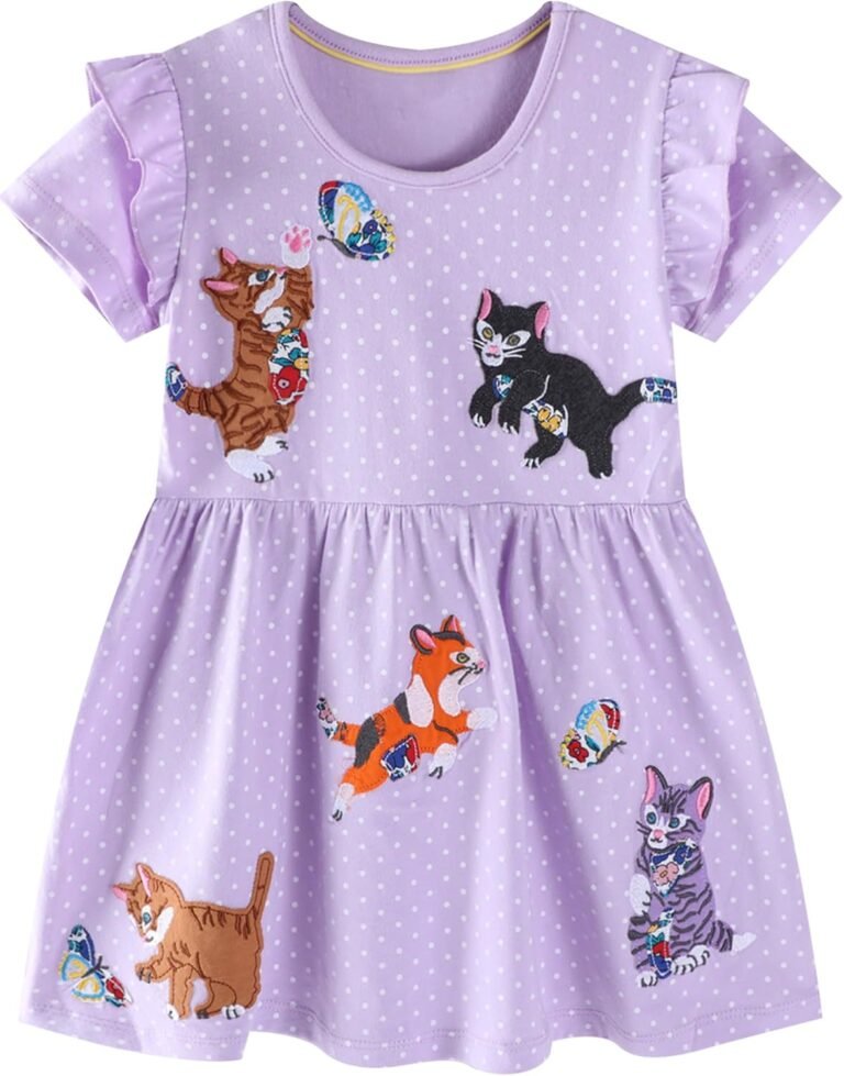 FreeLu Girls Cartoon Appliques Dress Cotton Summer Short Sleeve Dresses Casual Jersey Skirt