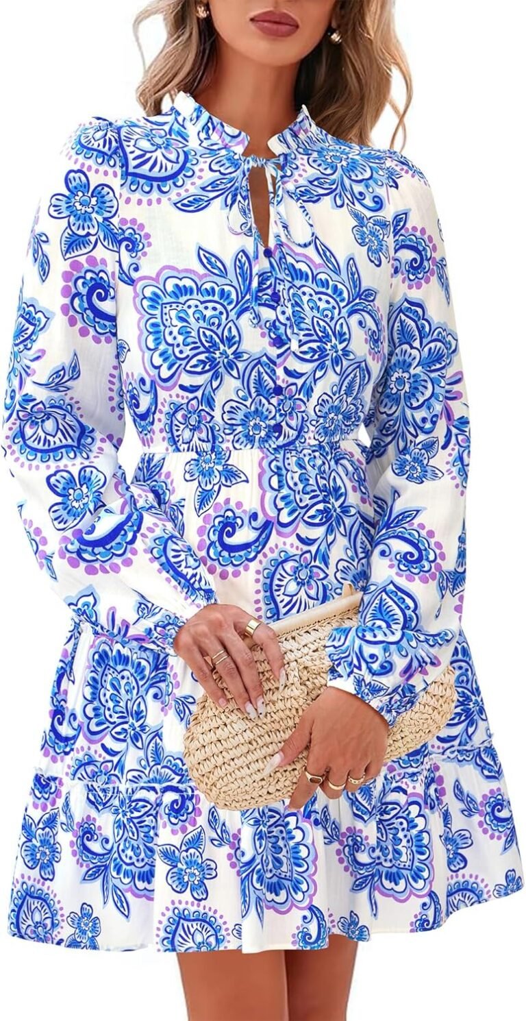 BTFBM Women Fall Dresses 2025 Floral V Neck Long Sleeve Tiered Ruffle Boho Swing Flowy A-Line Mini Dresses Vacation