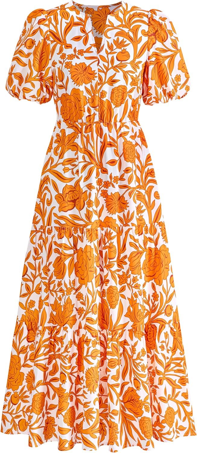 dowerme Womens Summer Dresses 2025 Casual Puff Short Sleeve V Neck Floral Boho Tiered Ruffle Maxi Dress with Pockets