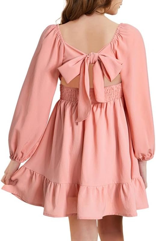 Girls Tie Back Off Shoulder Dress Ruffle Long Sleeve Fall Spring Dresses 4-15 Years