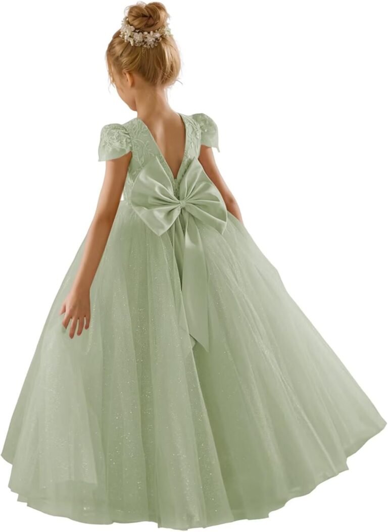 JISISANG V-Back Lace Tulle Flower Girl Dress Toddler Girls First Communion Baptism Sage Dress Cap Short Sleeve A-line Princess Pageant Birthday Bow Dress for Girls Sage 06