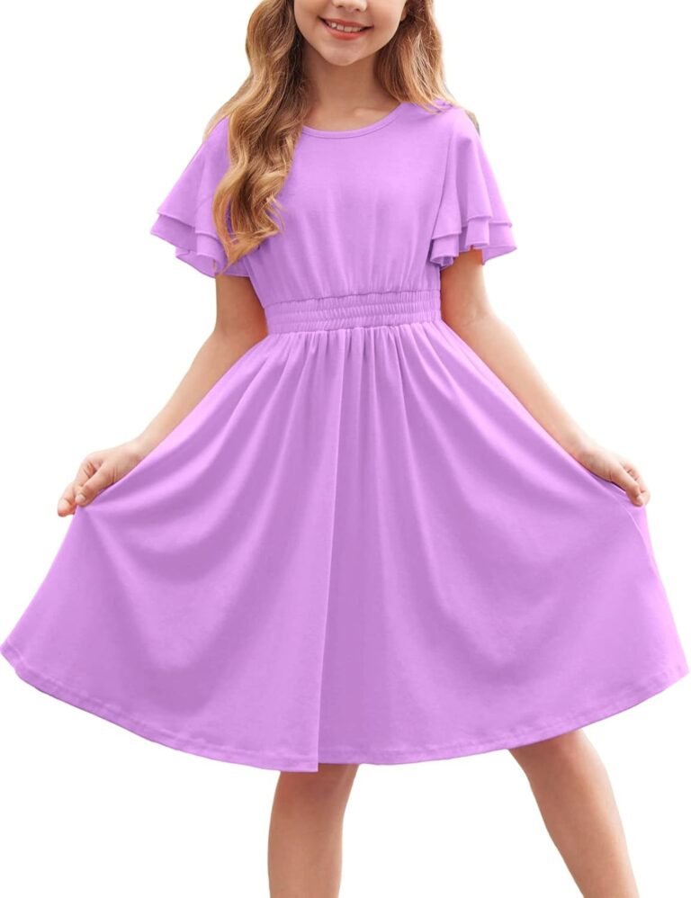 Arshiner Girl’s Casual Dress Summer Scoop Neck Short Sleeve Flowy Print and Plain Sundress for Kids 4-14Y