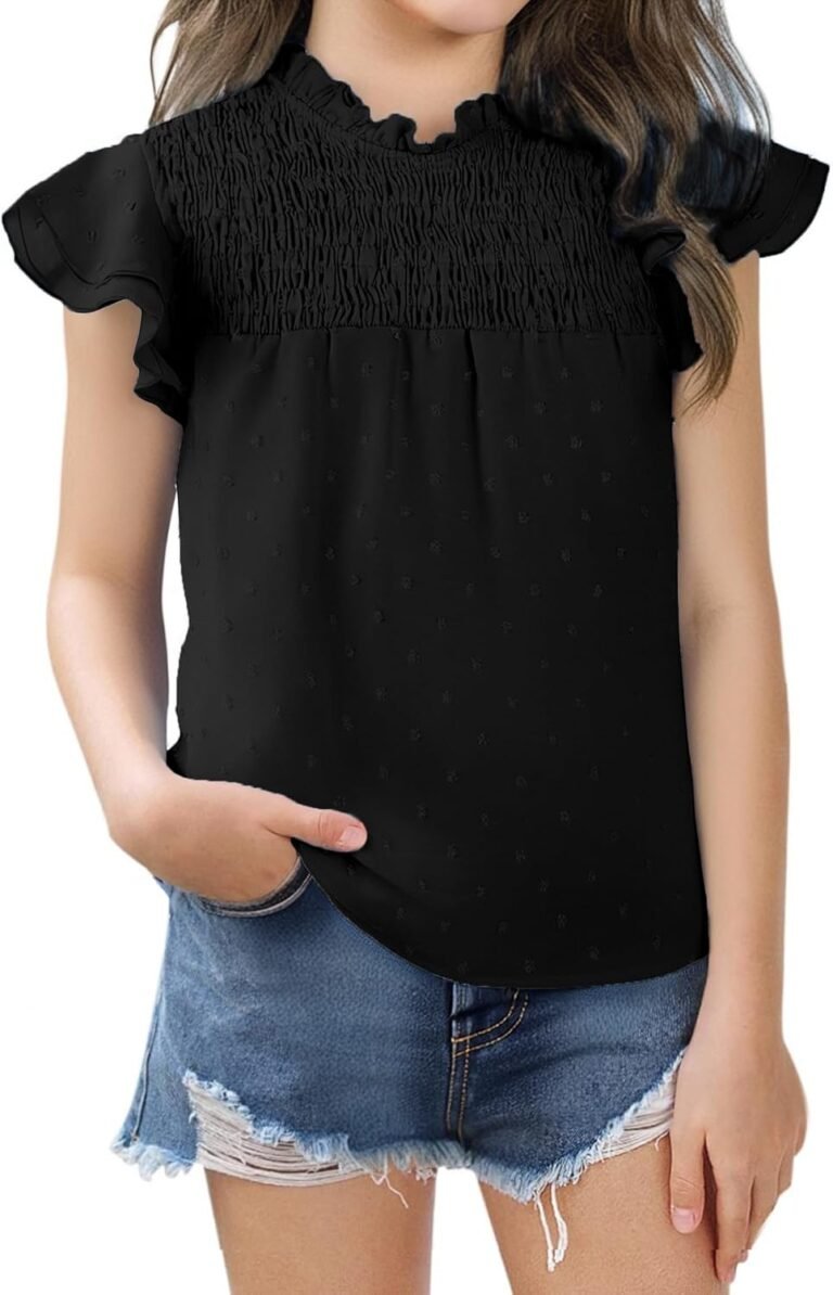 Hvididan Girls Ruffle Short Sleeve Blouse Pleated Crewneck Shirt Summer Cute Swiss Dot Tops 5-14 Years