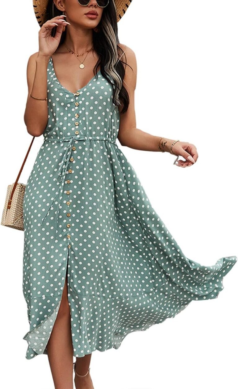 BROVAVE Women’s 2025 Summer Casual Boho Sundress Polka Dot Spaghetti Strap V Neck Flowy Midi Dresses