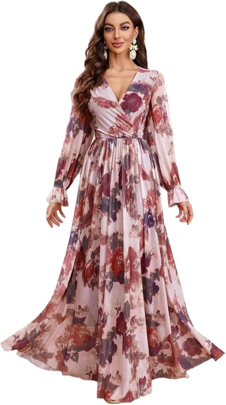Summer Casual Dresses for Women 2024 Spring Fashion Boho V Neck Long Sleeve Ruffle Floral Print Elegant Maxi Dress
