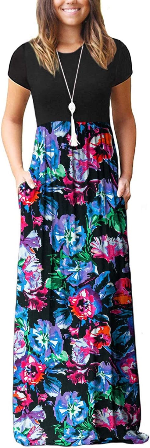 DEARCASE Maxi Dress for Women Short Sleeve Casual Summer Loose Plain Comfy Long Dresses with Pockets