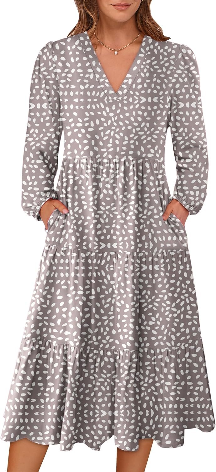 ANRABESS Women’s Long Lantern Sleeve Floral Midi Dresses 2026 Spring V Neck Casual Flowy A-line Tiered Boho Vacation Dress