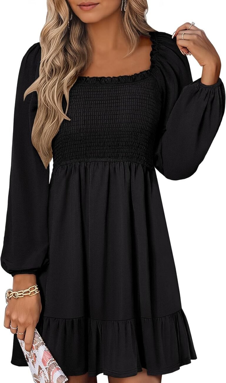 ANRABESS Womens Long Lantern Sleeve Square Neck Dress Smocked Tiered High Waist Ruffle Flowy Swing 2026 Spring Short Dresses