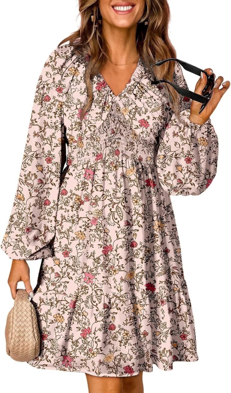 Dokotoo Spring Dresses for Women 2026 Boho Floral V Neck Long Sleeve Smocked Elastic Waist Casual A-Line Mini Dress Sundress
