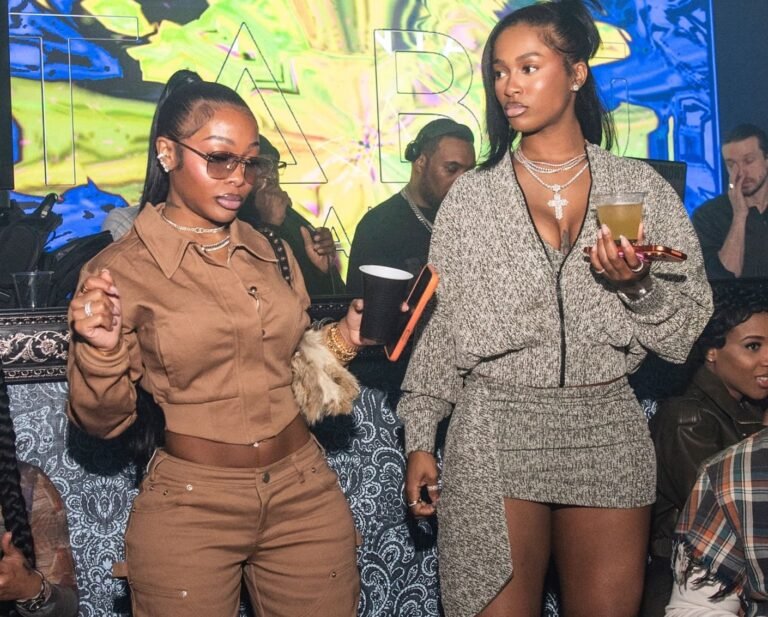 Jayda Cheaves in Brown CM Studios and Dess Dior in Neutral Tweed CouCoo Skirt Set and Green Balenciaga Boots at Tabu Saturdays