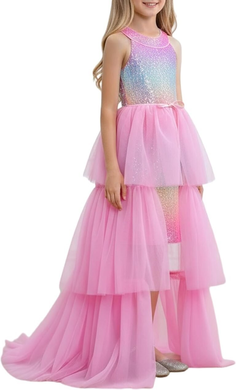 Girls Sequin Dress Halter Formal Pageant Prom Party Graduation Dress with Three Layer Mesh Size 5-14Y