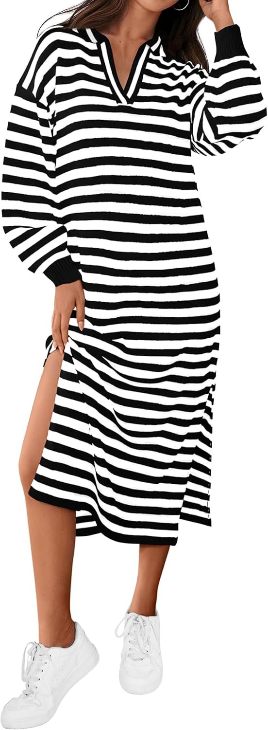 MASCOMODA Womens Fall Dresses 2024 Striped Sweater Dress Casual Long Sleeve V Neck Collared Loose Side Slit Knit Midi Dress