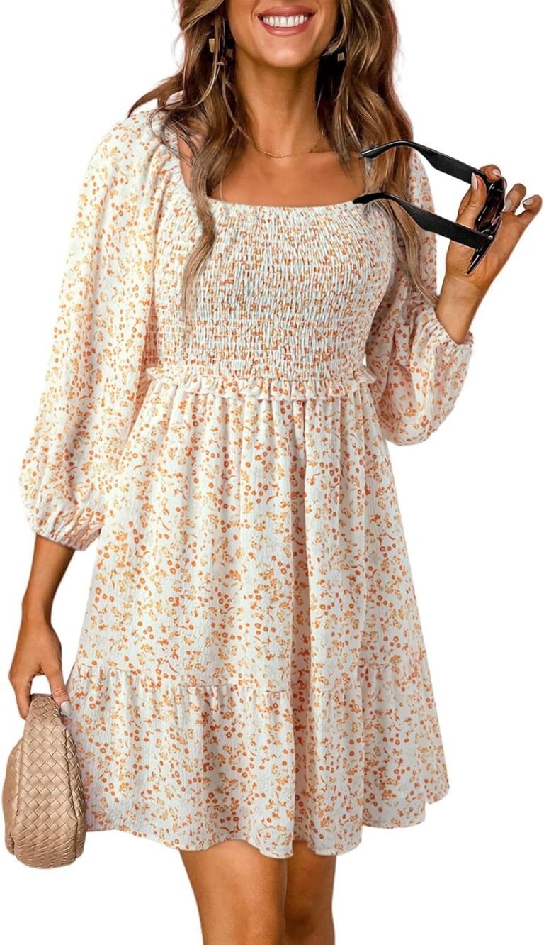 Dokotoo Fall Dresses for Women 2025 Boho Floral Square Neck Smocked 3/4 Sleeve Casual A-Line Swing Mini Dress Sundress