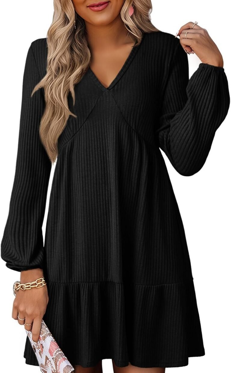 Dokotoo Spring Dresses for Women 2026 Long Sleeve V Neck Lightweight Ribbed Knit Empire Waist Casual A Line Swing Mini Dress