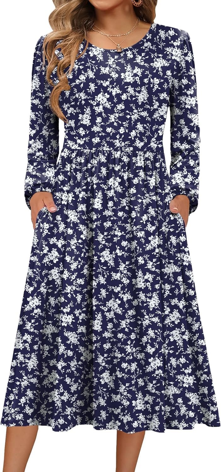 Zeagoo Long Sleeve Dresses for Women 2026 Fall Winter Casual Flowy A-Line Boho Midi Party Long Dress with Pockets