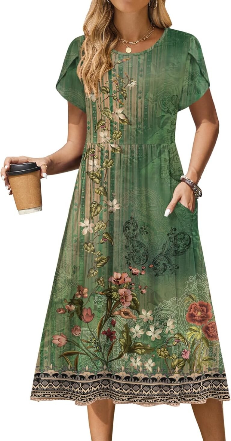 Zeagoo Women Summer Short Sleeve Midi Dress with Pockets Casual Aline Flowy Tshirt Dress Floral Vocation Beach Sundress