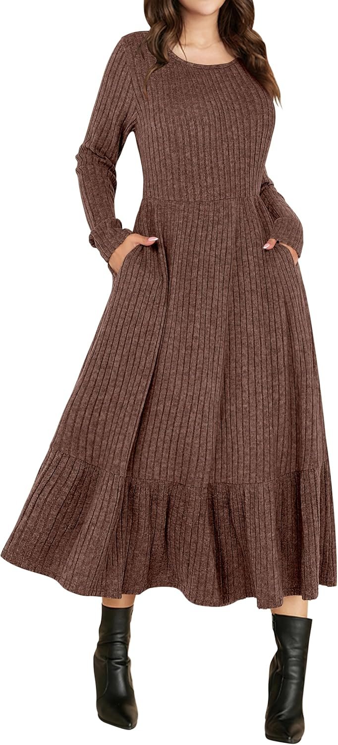 ANRABESS Womens Long Sleeve Midi Dress Spring Rib Knit Crew Neck A Line Soft Flowy Swing Dresses with Pocket Casual Trendy
