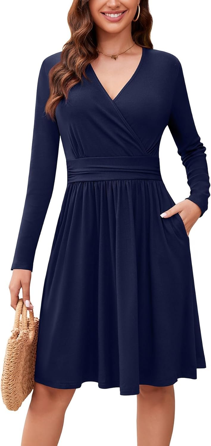 WEACZZY Women’s Long Sleeve Casual Fall Dresses V-Neck Swing Floral Party Dress with Pockets 2026