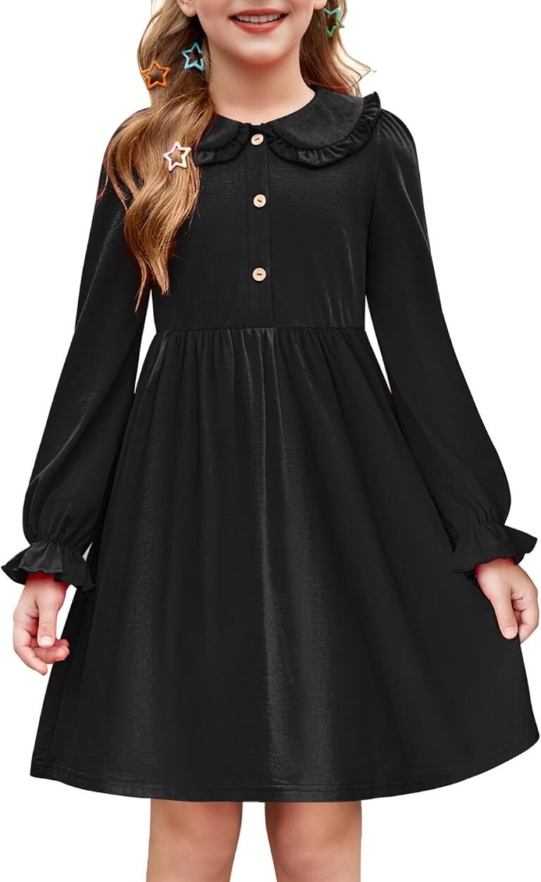 Arshiner Girls Long Sleeve Dress Fall Winter Ruffle Peter Pan Collar Front Button Casual Cotton Dresses
