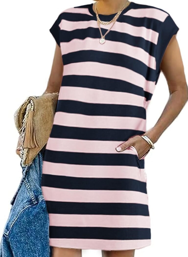 AlvaQ Womens Striped Summer Dresses 2025 Crewneck Cap Sleeve Color Block Casual A Line Tshirt Dress with Pockets