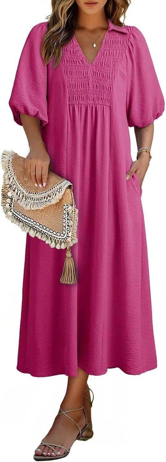 Dokotoo Summer Dresses for Women 2026 Casual Dresses V Neck Puff Sleeve Empire Waist A-Line Maxi Dress