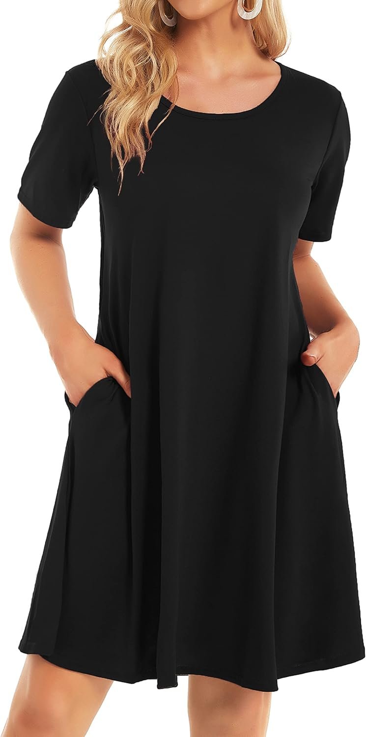 Womens Summer Dresses Beach Casual Loose Tshirt Floral Short Sleeve Flowy Pockets Sundresses