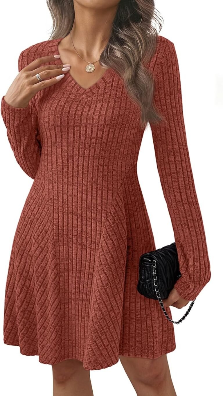 AUTOMET Womens Sweater Dresses Winter Long Sleeve Fall Fashion 2026 V Neck A-Line Flowy Mini Casual Dress Comfy Work Clothes
