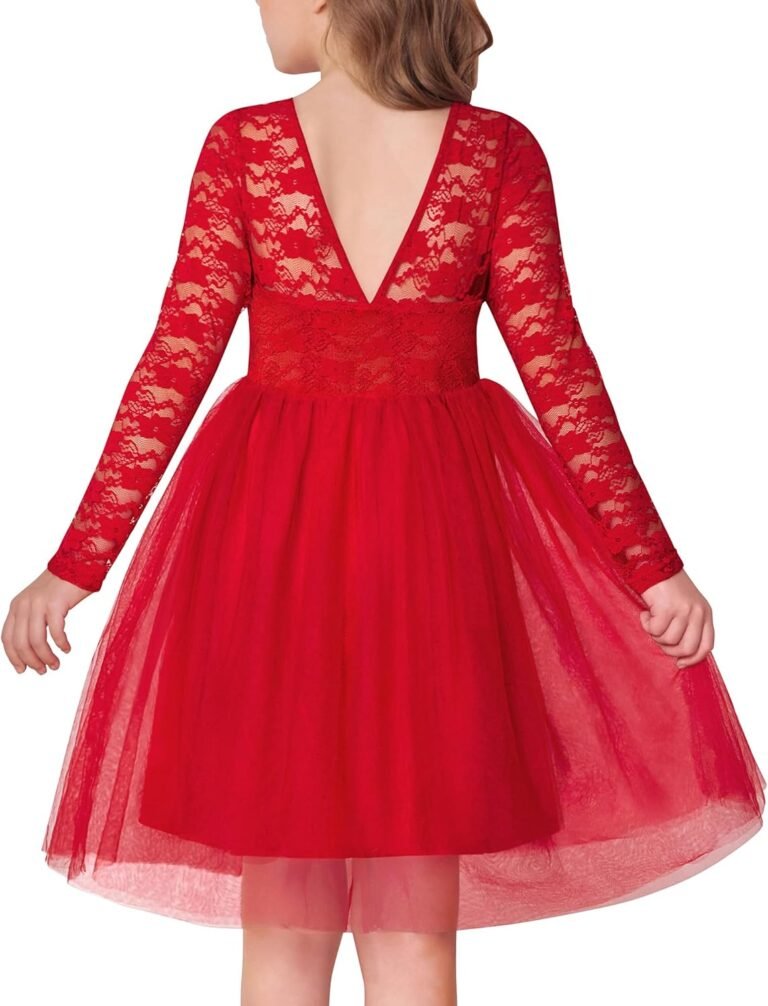 Arshiner Flower Girl Dress V Back Lace Long Sleeve Tulle Special Occasion Wedding Party Dresses