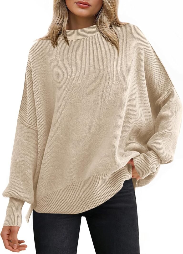 ANRABESS Women Oversized Sweaters Batwing Long Sleeve 2026 Fall Outfits Crewneck Casual Knit Side Slit Fashion Pullover Top