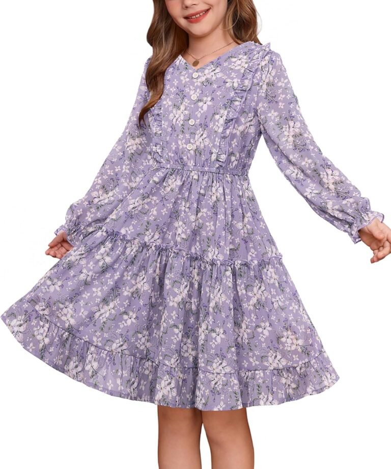GRACE KARIN Girls V-Neck Floral Dresses 6-14Y Kids Long Sleeve Casual Fall Winter Christmas Holiday Hawaiian Flower Dress