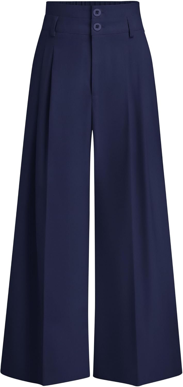 PRETTYGARDEN Womens Spring Wide Leg Palazzo Pants 2026 Trendy Loose Button High Waist Pleated Work Business Casual Trousers
