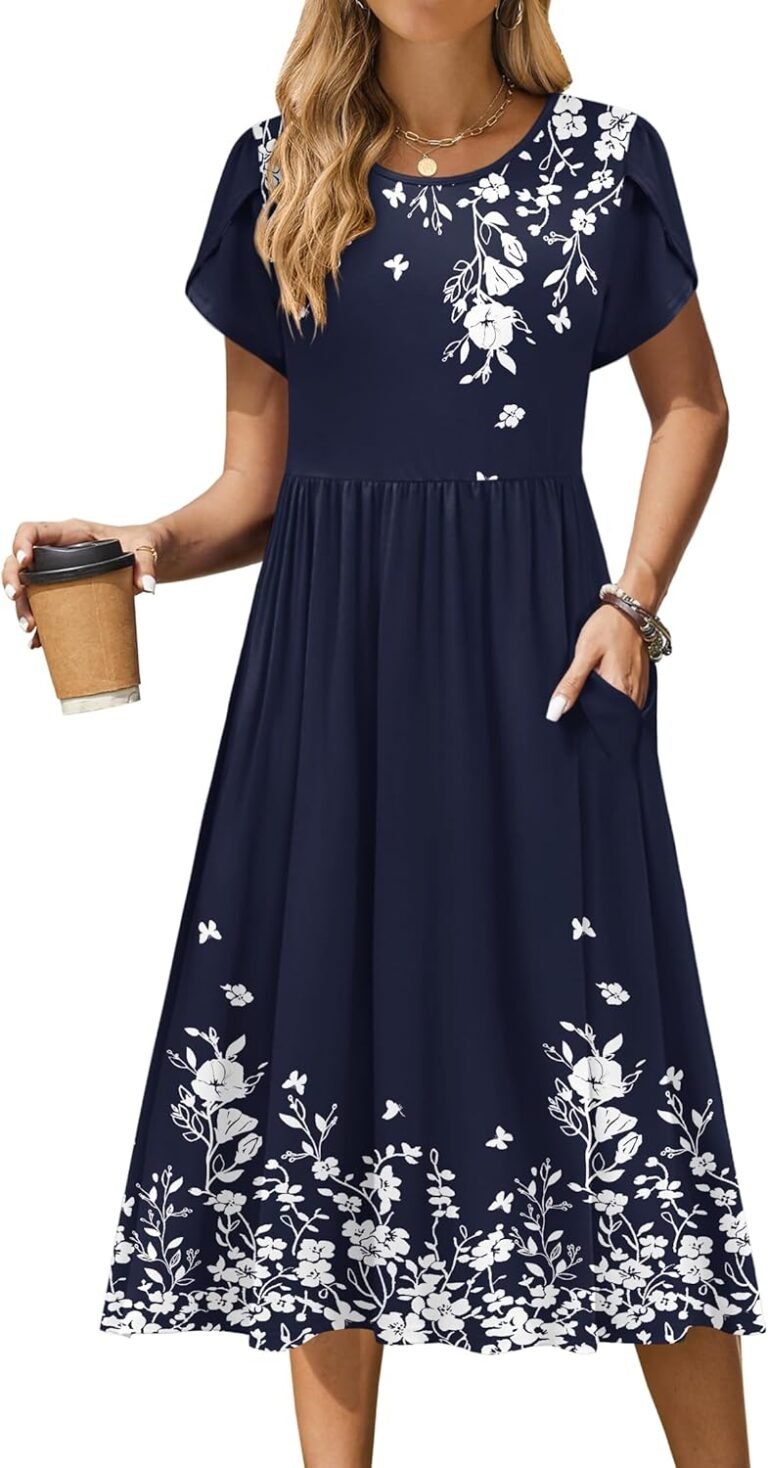 Zeagoo Women Summer Short Sleeve Midi Dress with Pockets Casual Aline Flowy Tshirt Dress Floral Vocation Beach Sundress